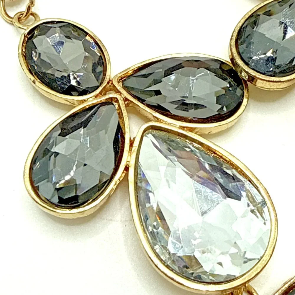 Rhinestone Bib Necklace Clear Smoky Faceted Floral Statement 18-20